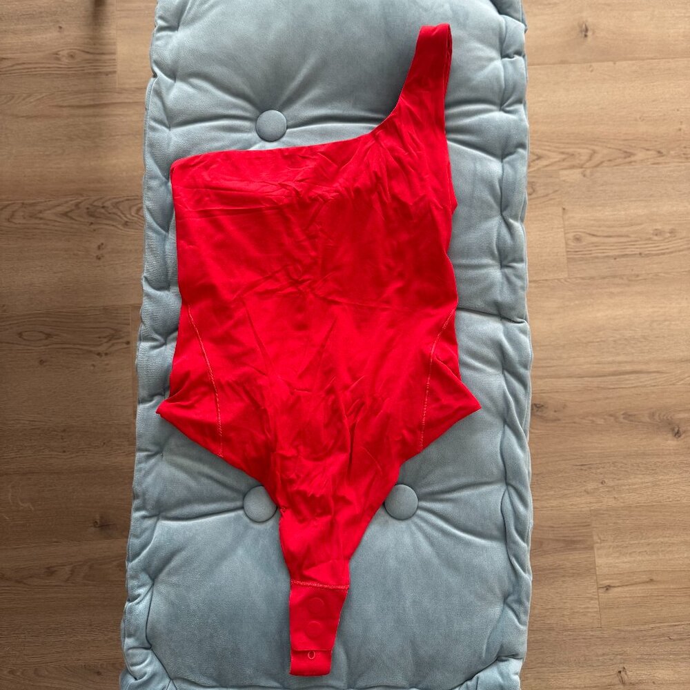 Lululemon Wundermost Ultra-Soft Asymmetrical Bodysuit in Grenadine Red, Size S